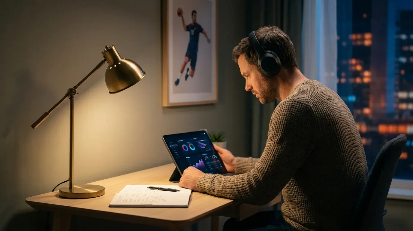 Apostador a analisar dados e estatísticas de andebol antes de fazer uma aposta