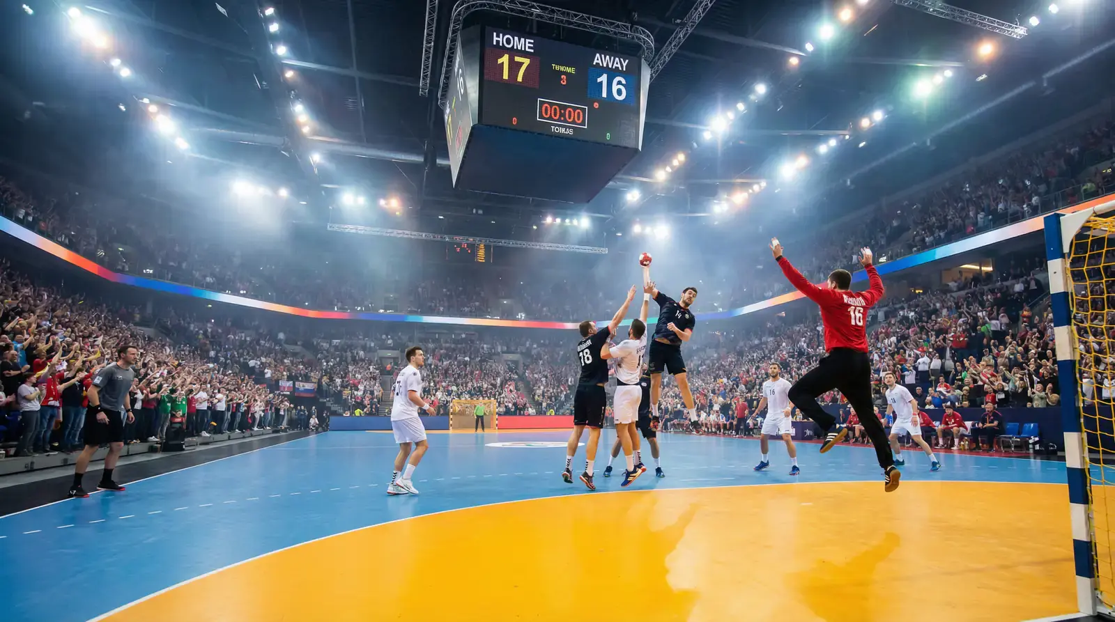 Jogo de andebol ao vivo com jogadores em ação no pavilhão e placar eletrónico visível