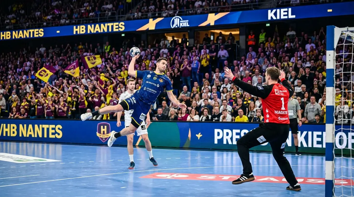 Jogo de andebol profissional com jogadores em ação no pavilhão