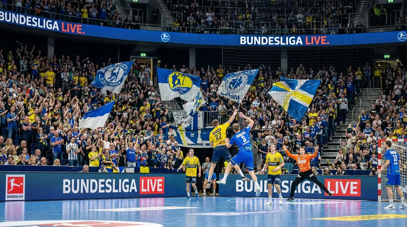 Pavilhão de andebol na Alemanha com adeptos e jogadores da Bundesliga em ação
