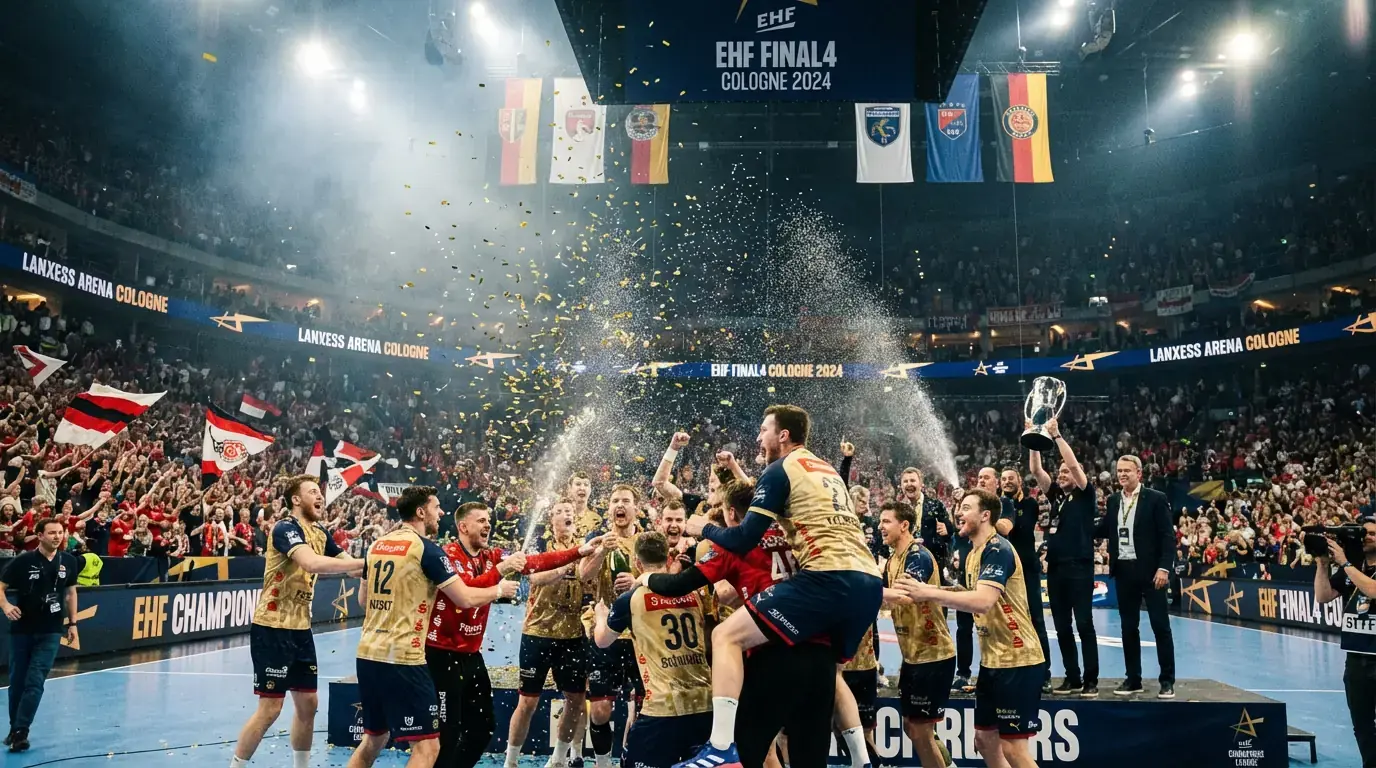 Final Four da EHF Champions League com jogadores de andebol e troféu europeu