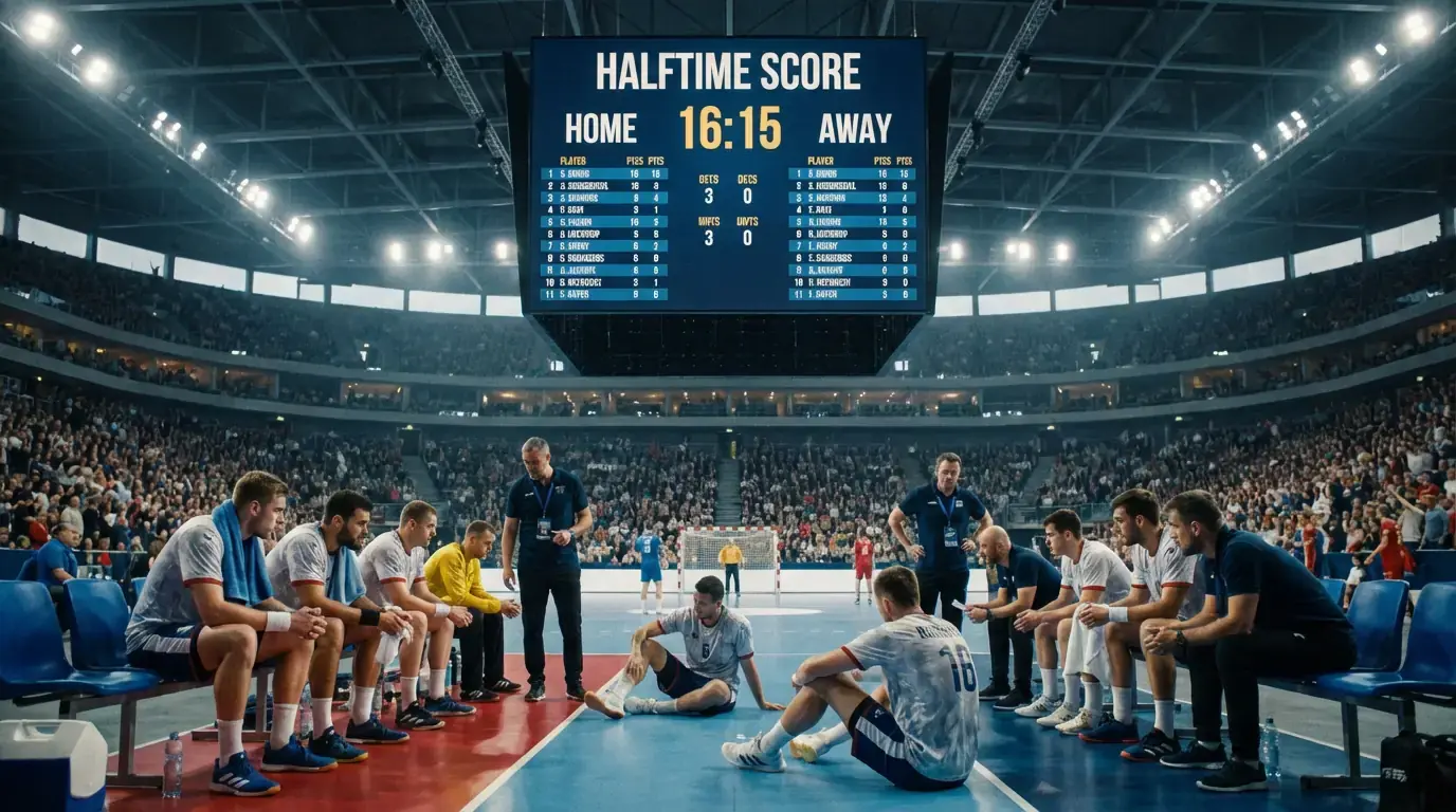 Placar de andebol a mostrar resultado ao intervalo com jogadores no pavilhão