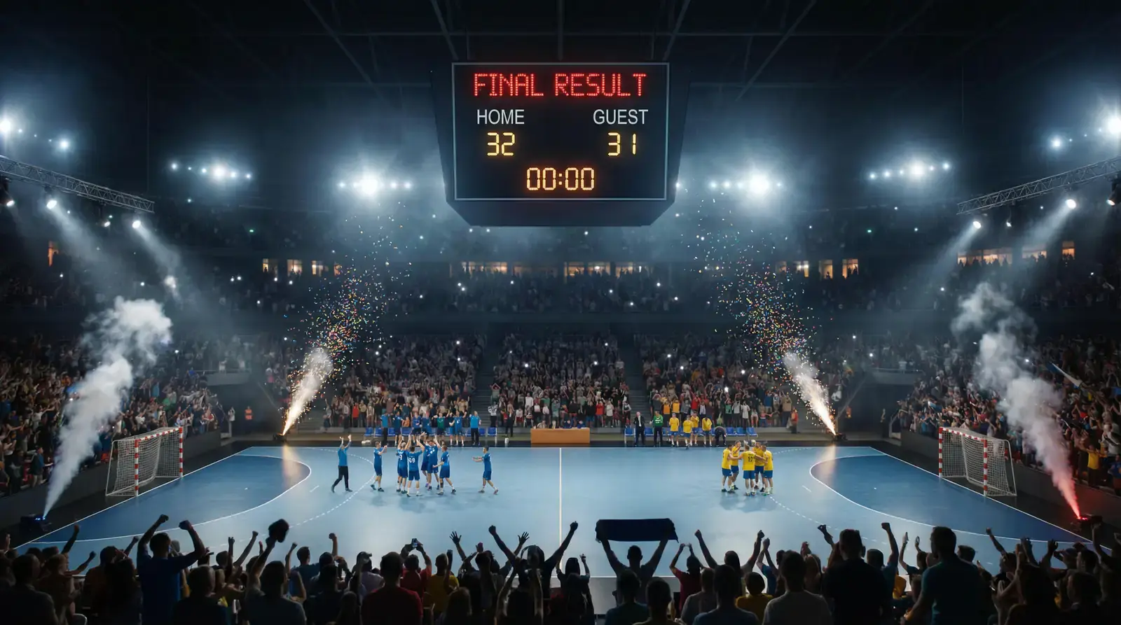Placar eletrónico de andebol a mostrar resultado final do jogo