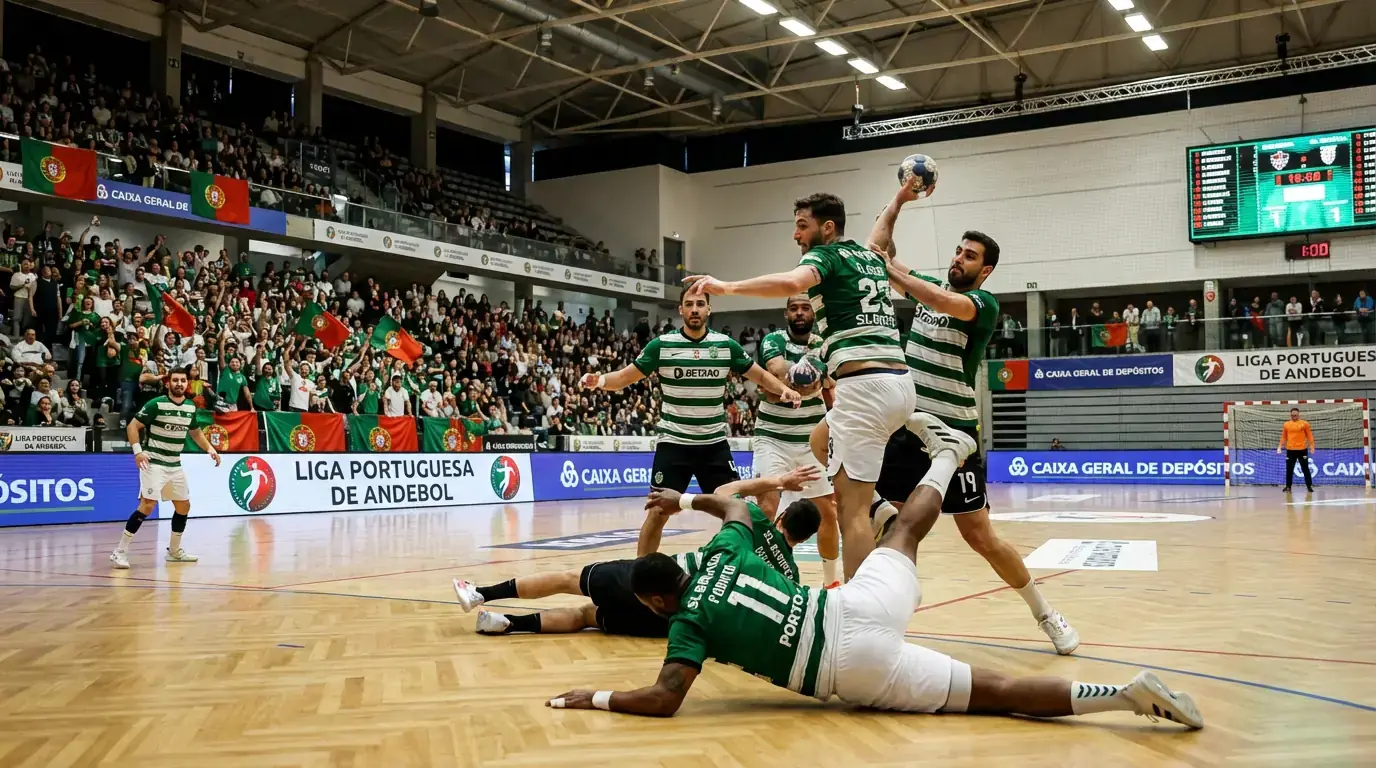 Jogadores de andebol do Sporting CP em ação com equipamento verde e branco