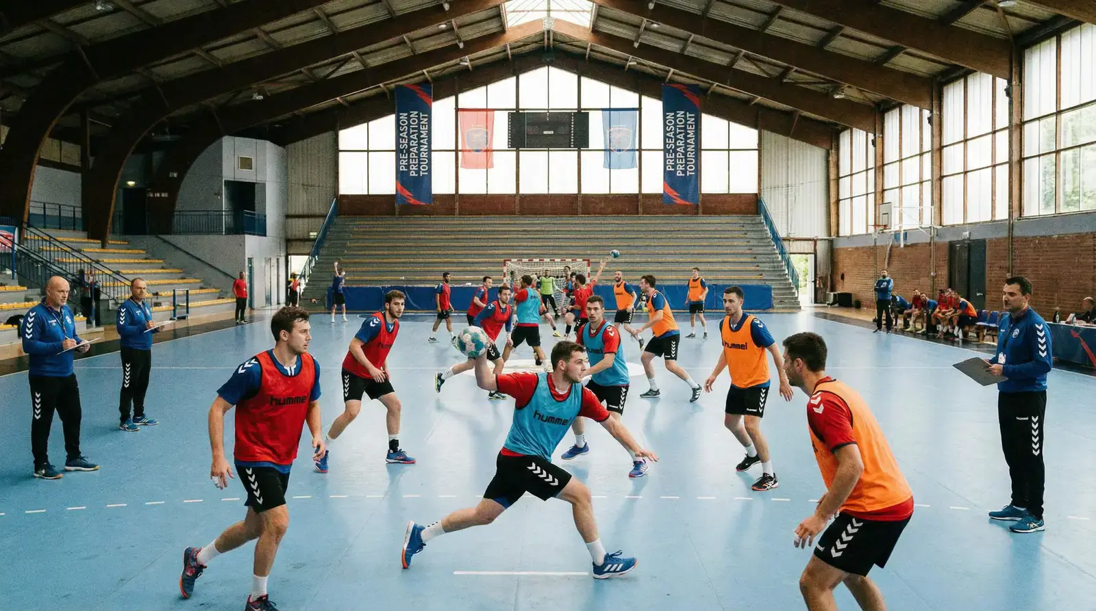 Equipa de andebol em treino de pré-temporada no pavilhão