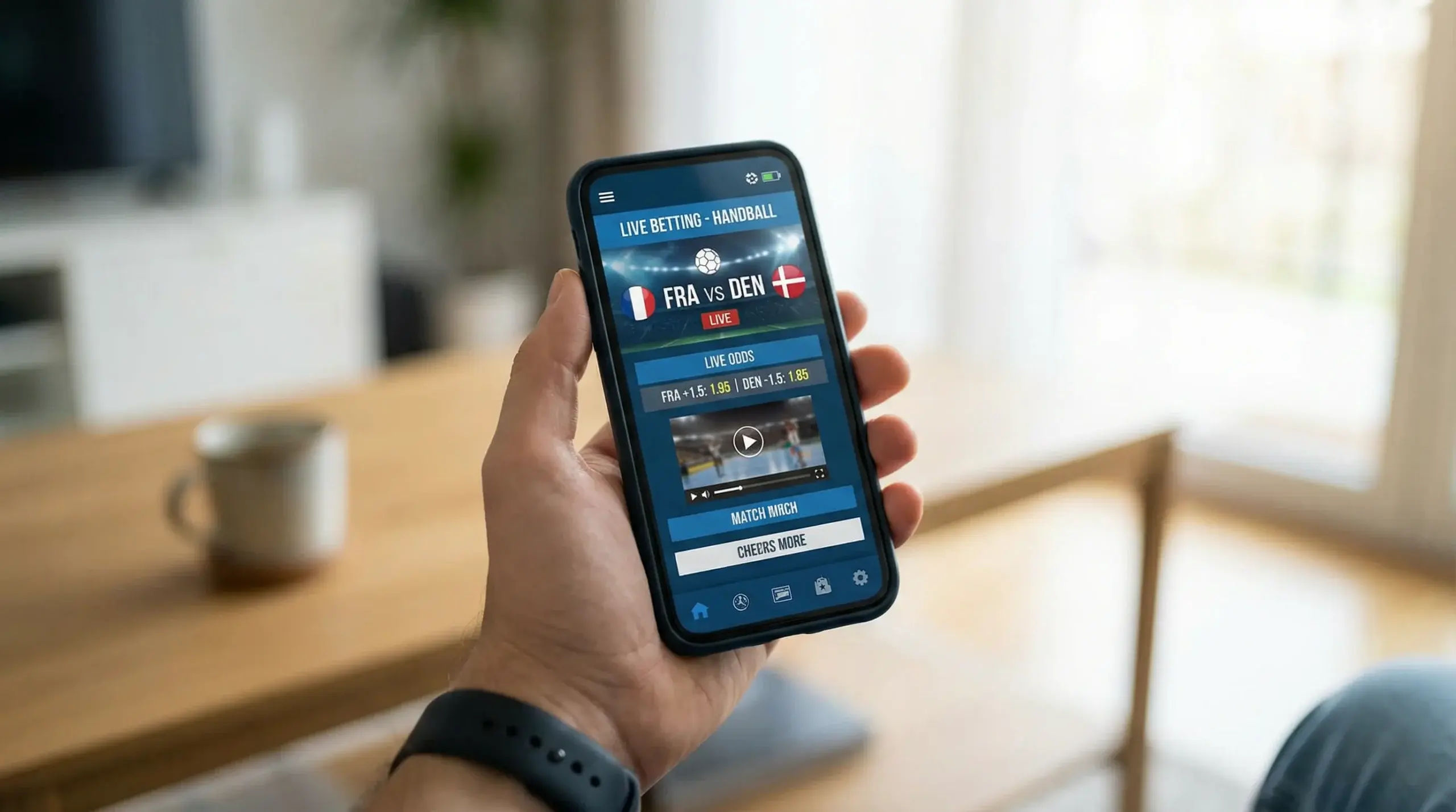 Smartphone com aplicação de apostas de andebol aberta no ecrã