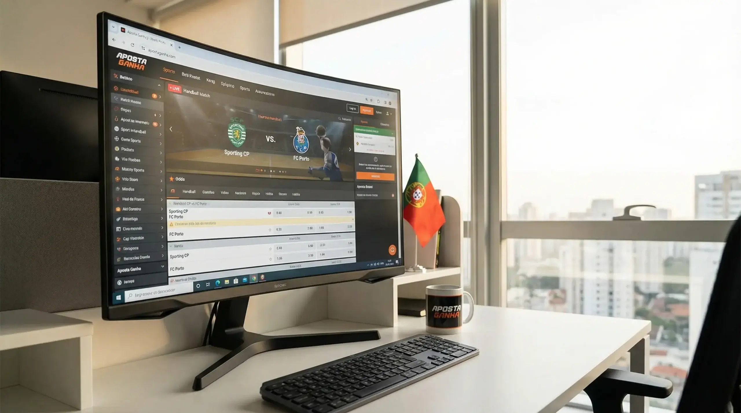 Ecrã de computador com plataforma de apostas desportivas e jogo de andebol