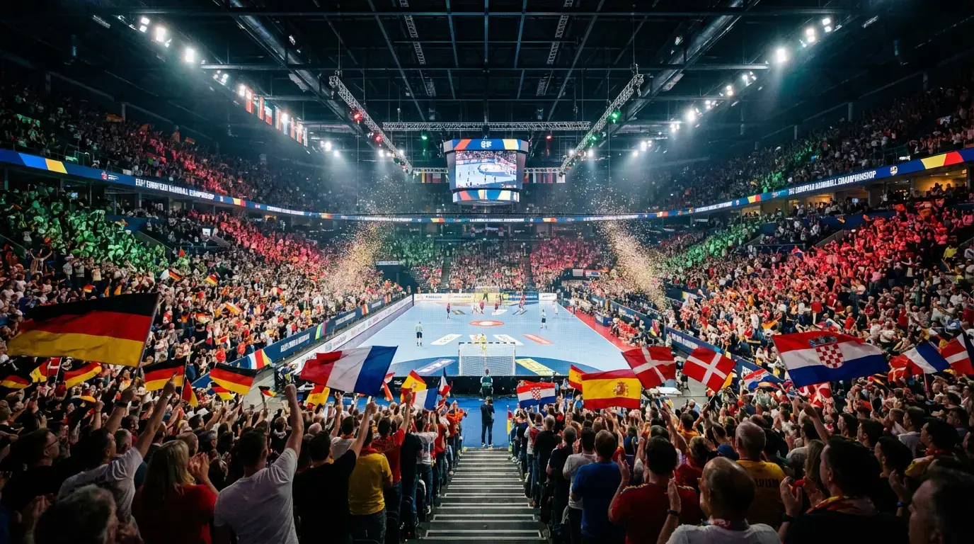 Pavilhão europeu de andebol lotado com adeptos e atmosfera vibrante