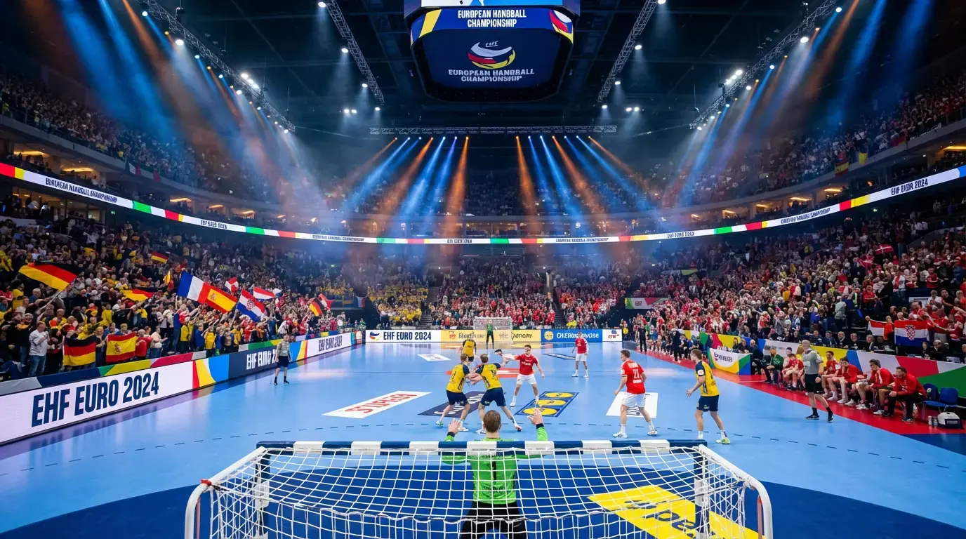 Ambiente de campeonato europeu de andebol com adeptos e bandeiras nas bancadas