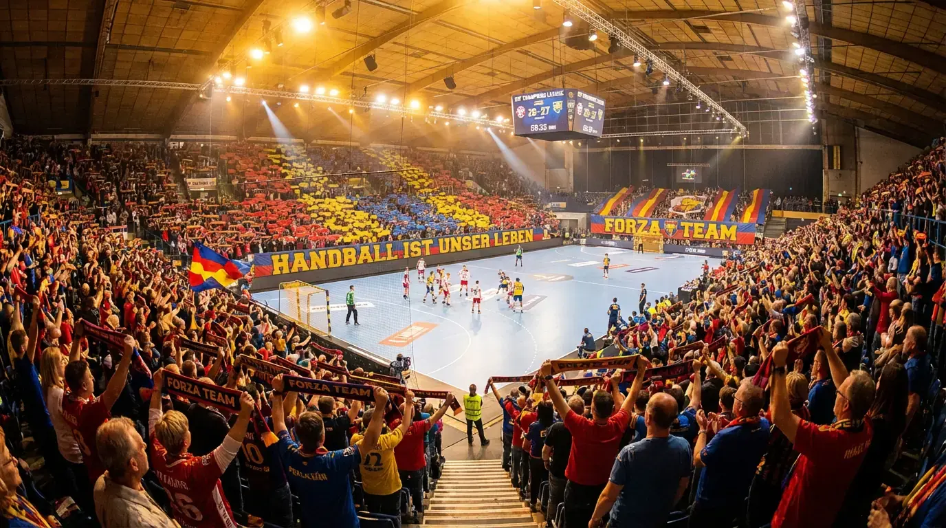 Pavilhão de andebol europeu lotado com adeptos entusiasmados durante competição EHF