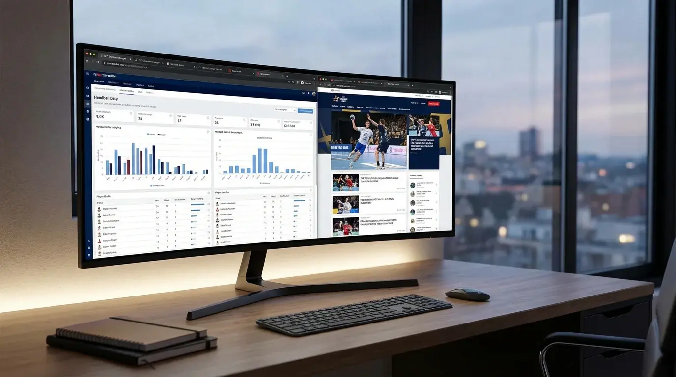 Ecrã de computador com estatísticas de andebol e bases de dados desportivos