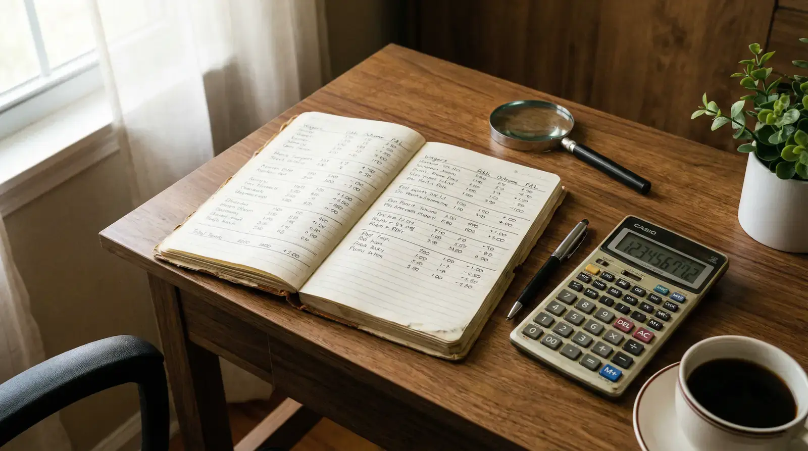 Caderno de notas com registos de apostas e calculadora para gestão de banca