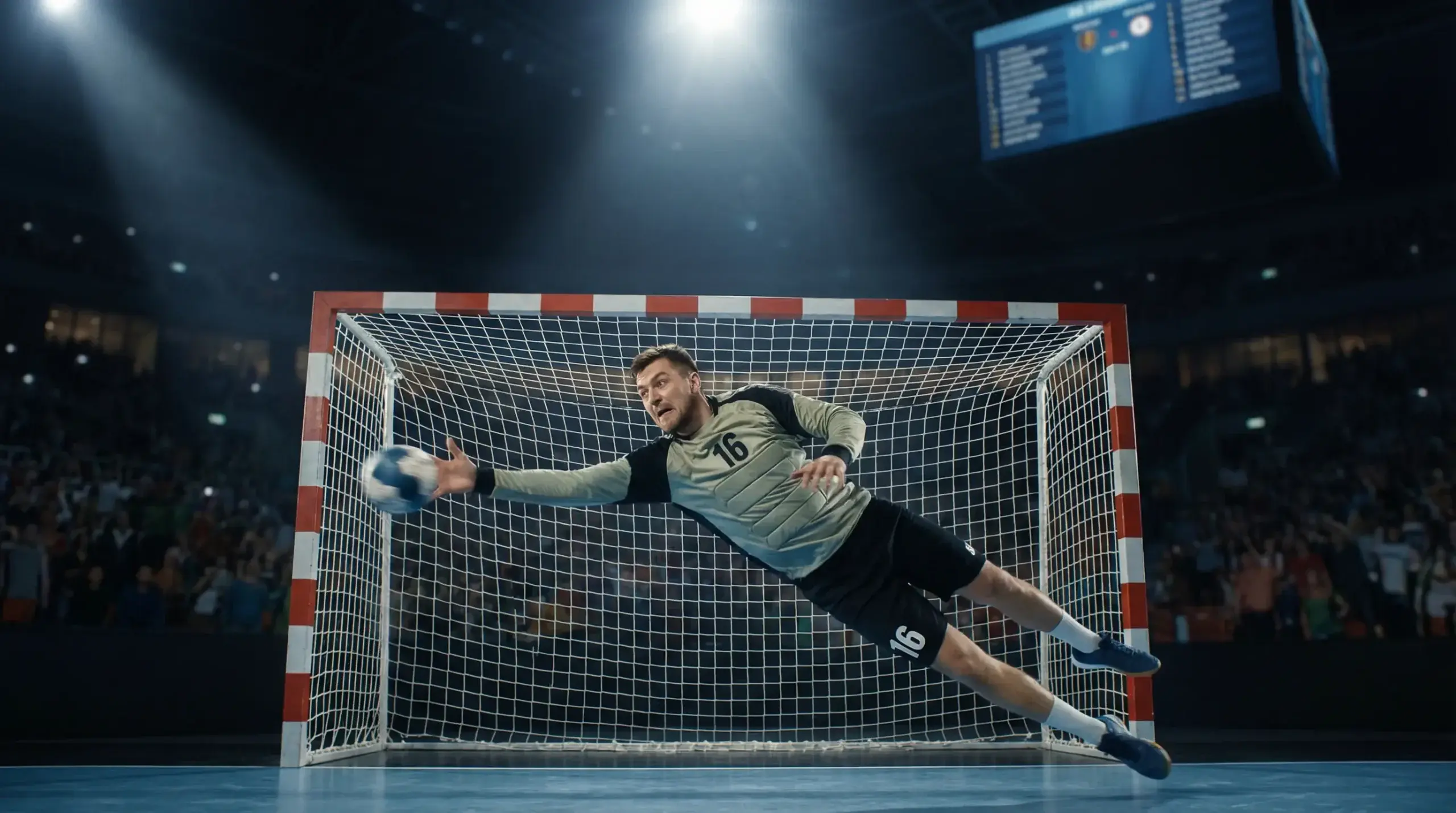 Guarda-redes de andebol a fazer uma defesa espetacular durante um jogo