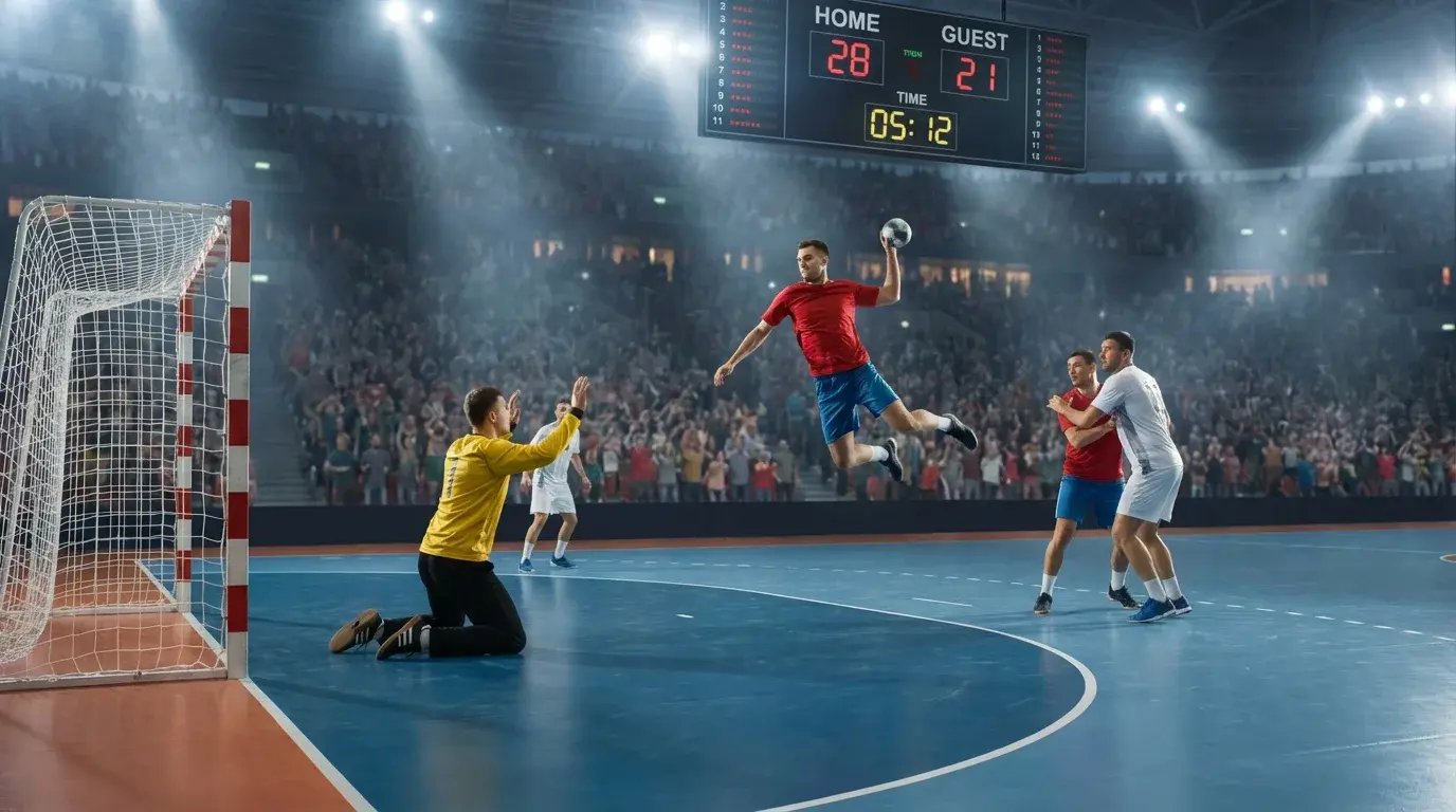 Jogo de andebol com placar mostrando diferença de golos para apostas de handicap