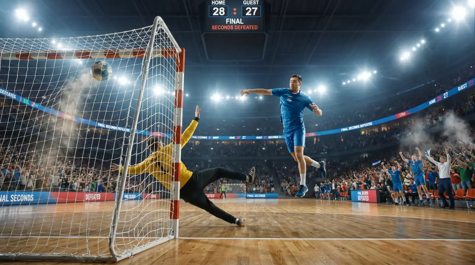 Jogador de andebol a marcar golo com bola a entrar na baliza