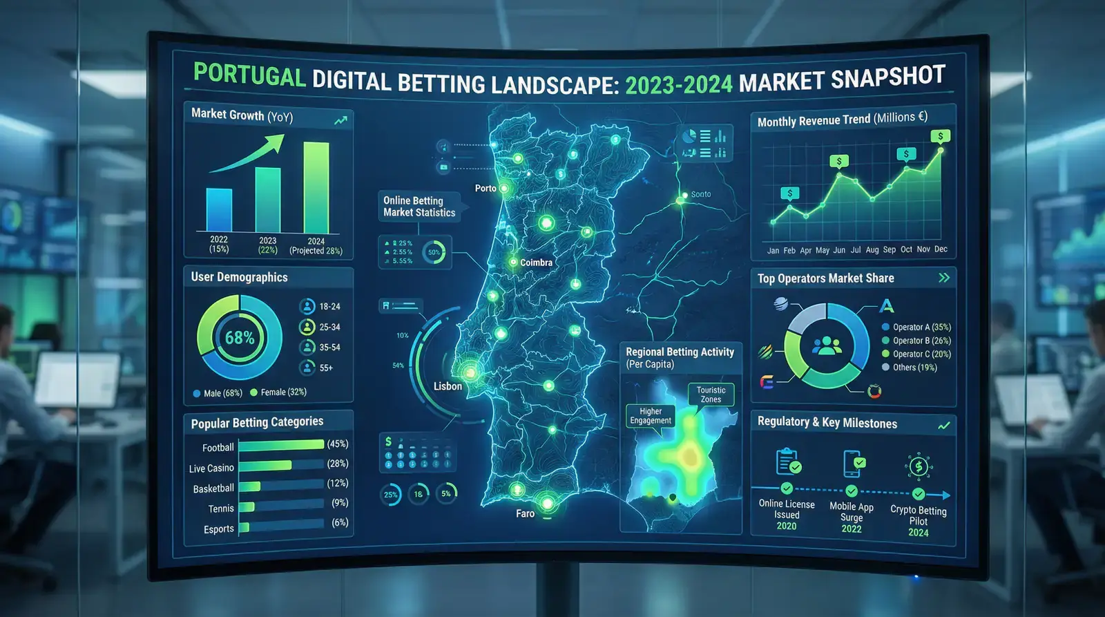 Mapa de Portugal com gráficos de estatísticas do mercado de apostas online