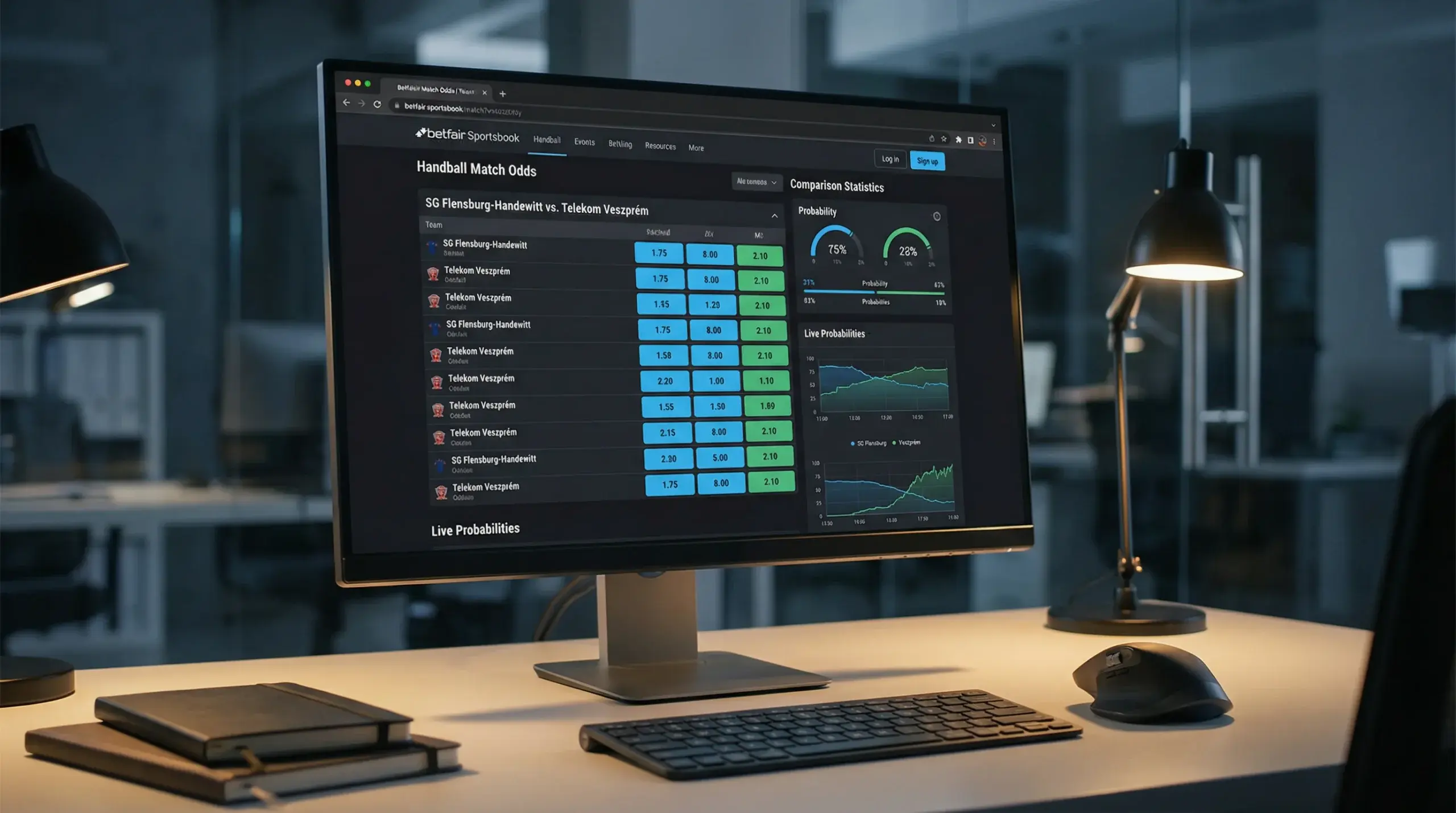Ecrã com odds de apostas de andebol em formato decimal e percentagens