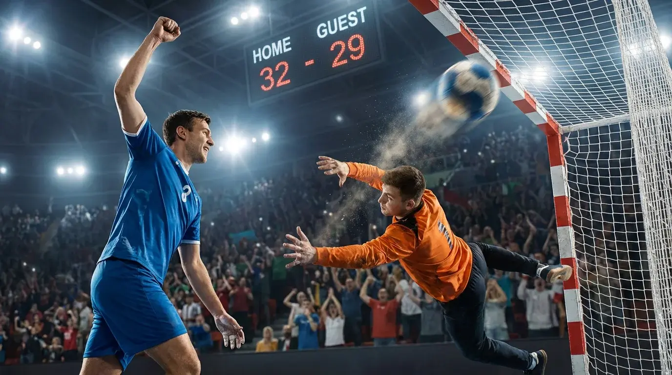 Jogadores de andebol a marcar golo durante jogo de alta pontuação