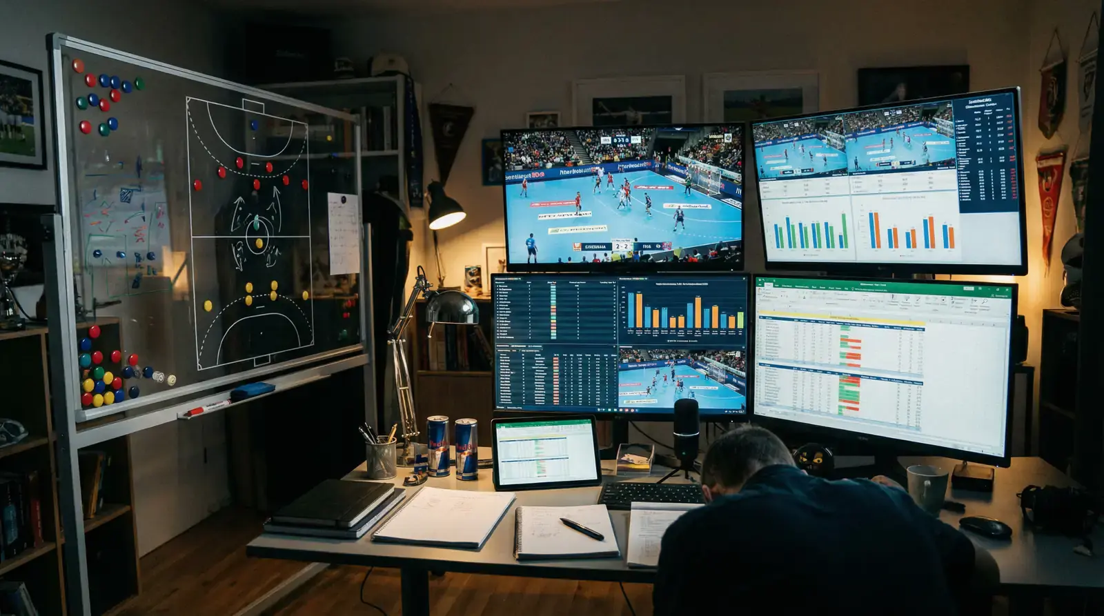 Analista a estudar estatísticas de andebol com gráficos e dados de equipas