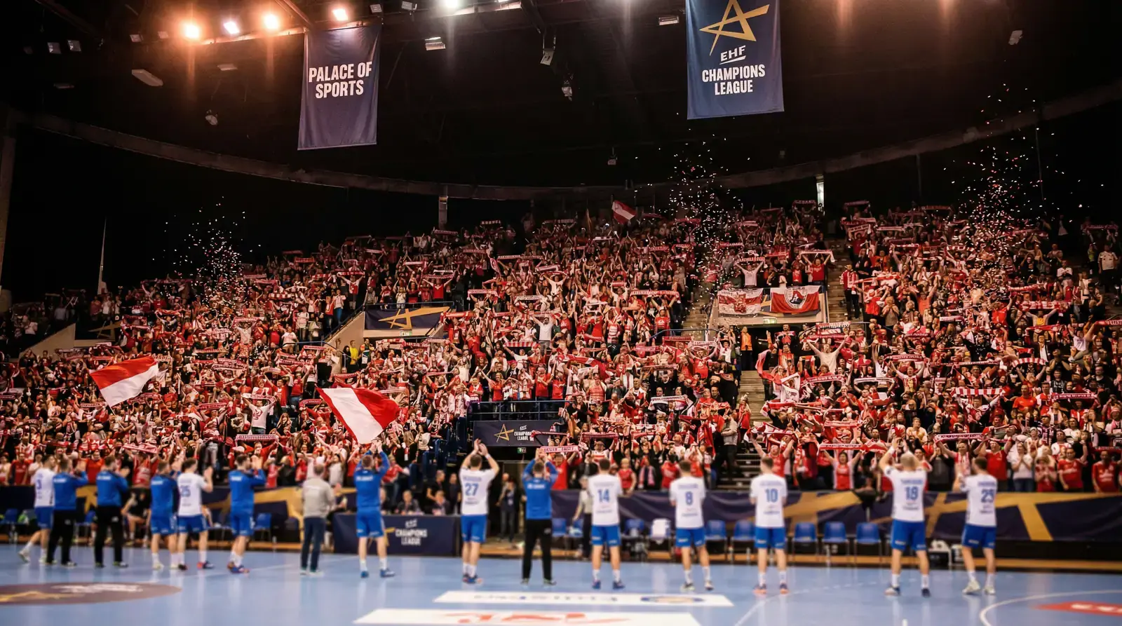 Pavilhão de andebol cheio de adeptos a apoiar a equipa da casa